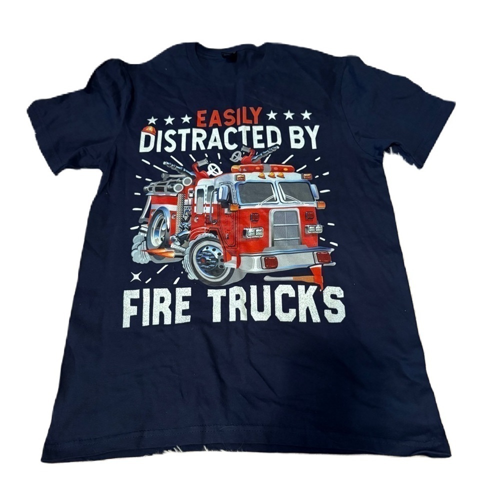 Easily Distracted By Fire Trucks Navy Fire Truck Graphic T-Shirt Small